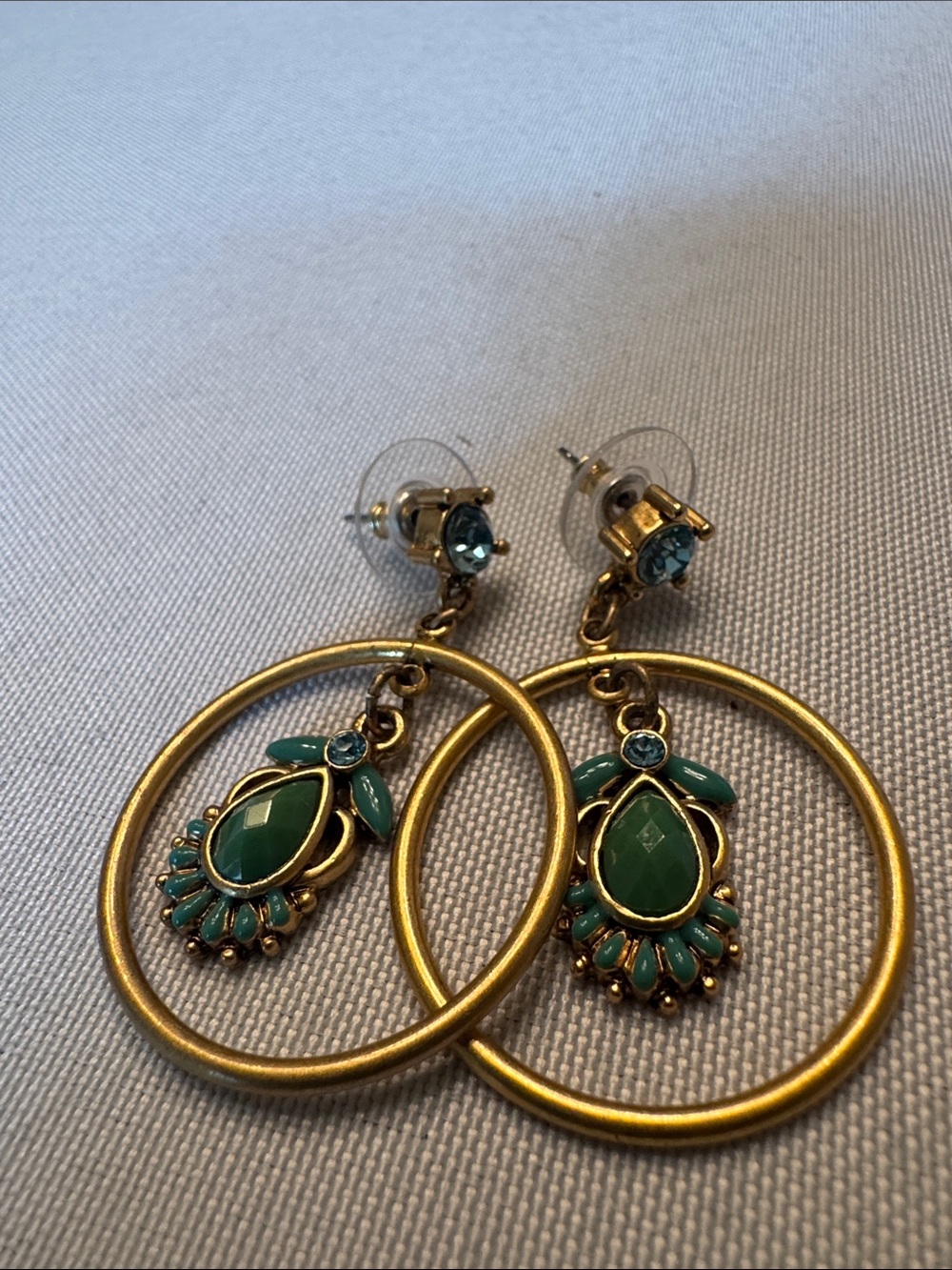 Gold Hoop Earrings with Green Teardrop Accents